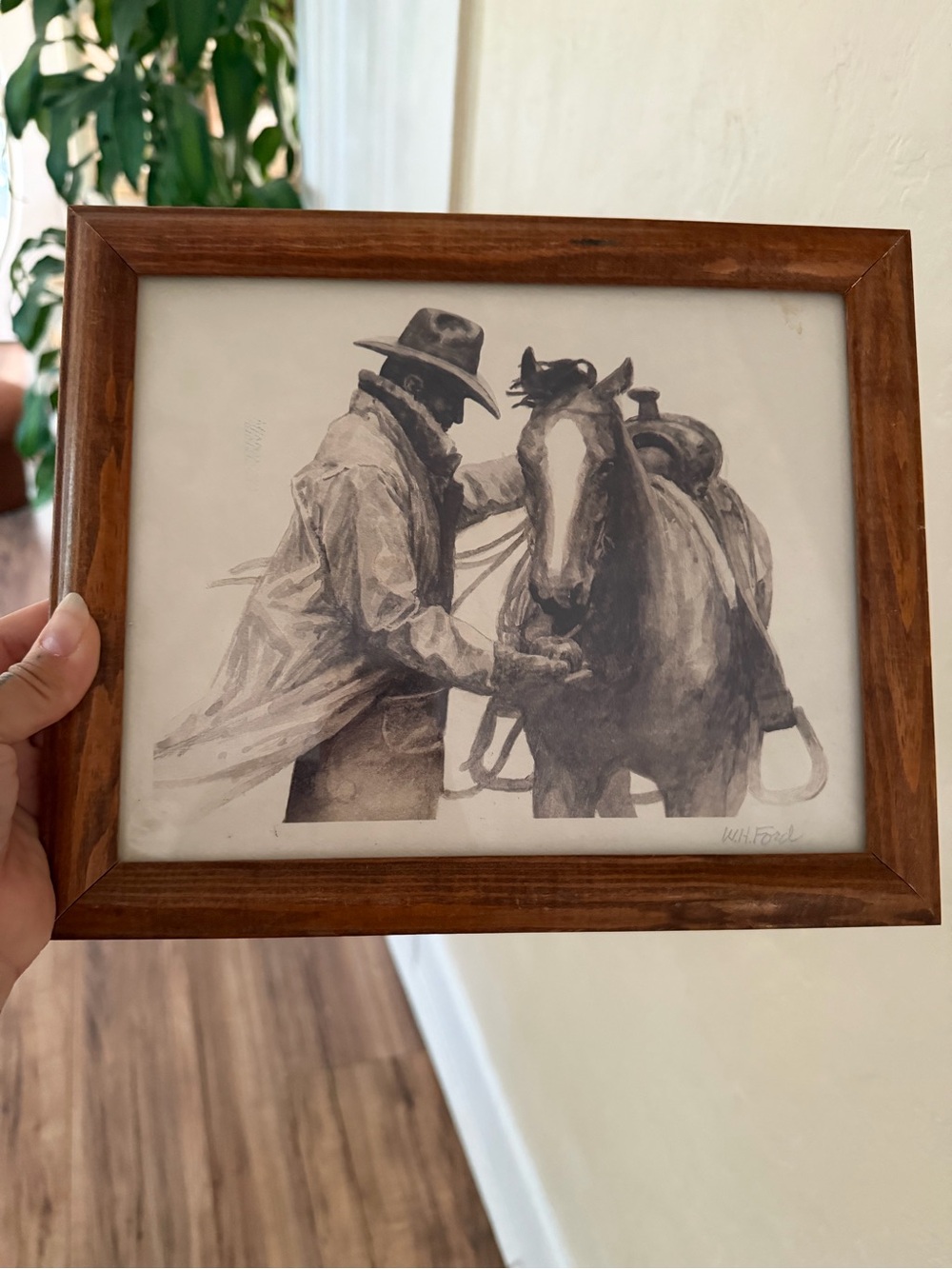 Vintage Framed Western Cowboy & Horse Watercolor in Brown Frame